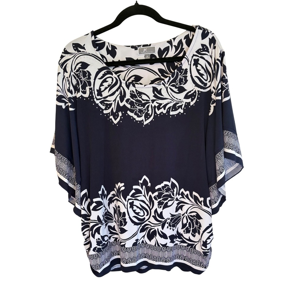 JM Collection Womens XL Navy Blue White Floral Rhinestone Kimono Blouse Top